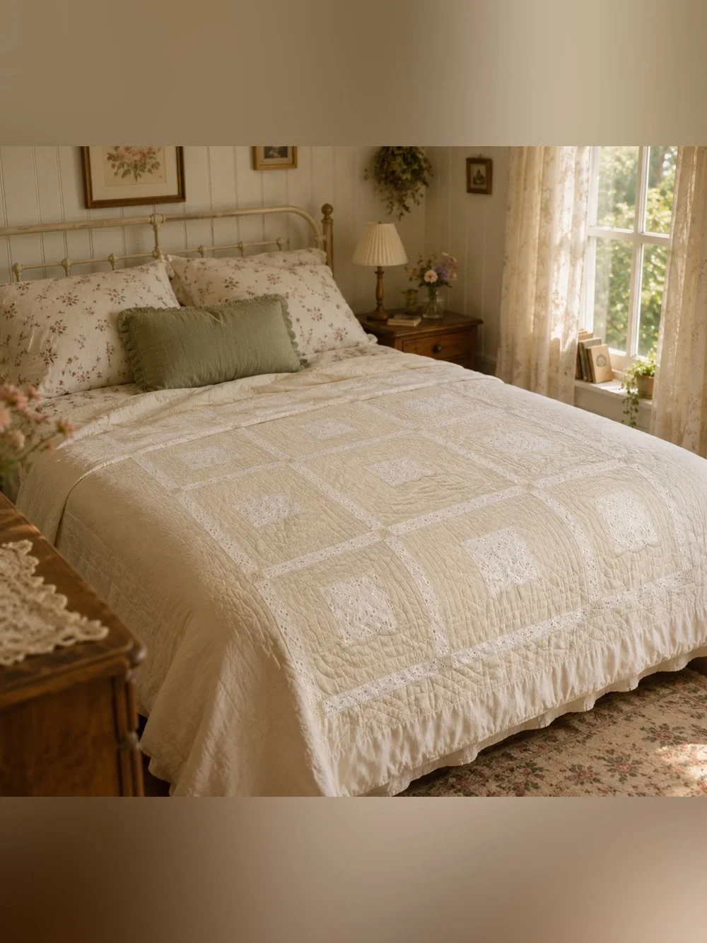 Cream & Lace Crochet Flowers 9 Patchwork Quilted Bedspread Vintage Cotton